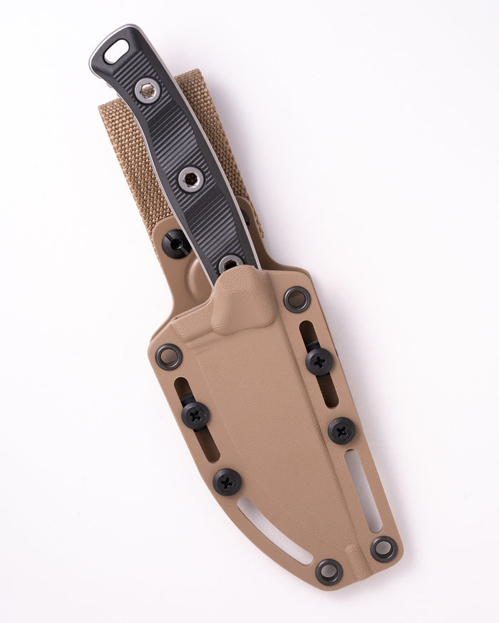 Akris Stonewash Standard G-10 Black with Tan Kydex Sheath with Belt Loop (95-10BK-6)