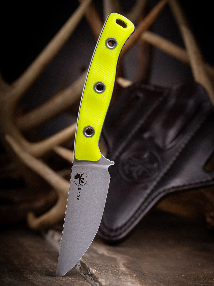 Akris Stonewash Standard G-10 High Visibility with Dark Chocolate Leather Sheath (95-10HV-1)