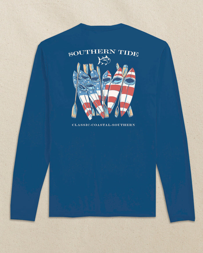 The back view of the Southern Tide Americana Kayaks Long Sleeve Performance T-Shirt by Southern Tide - Nautical Blue