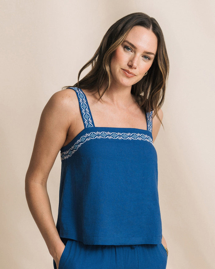 The front view of the Southern Tide Arabelle Embroidered Top by Southern Tide - Nautical Blue