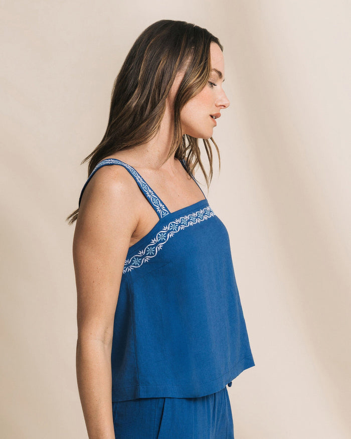 The side view of the Southern Tide Arabelle Embroidered Top by Southern Tide - Nautical Blue