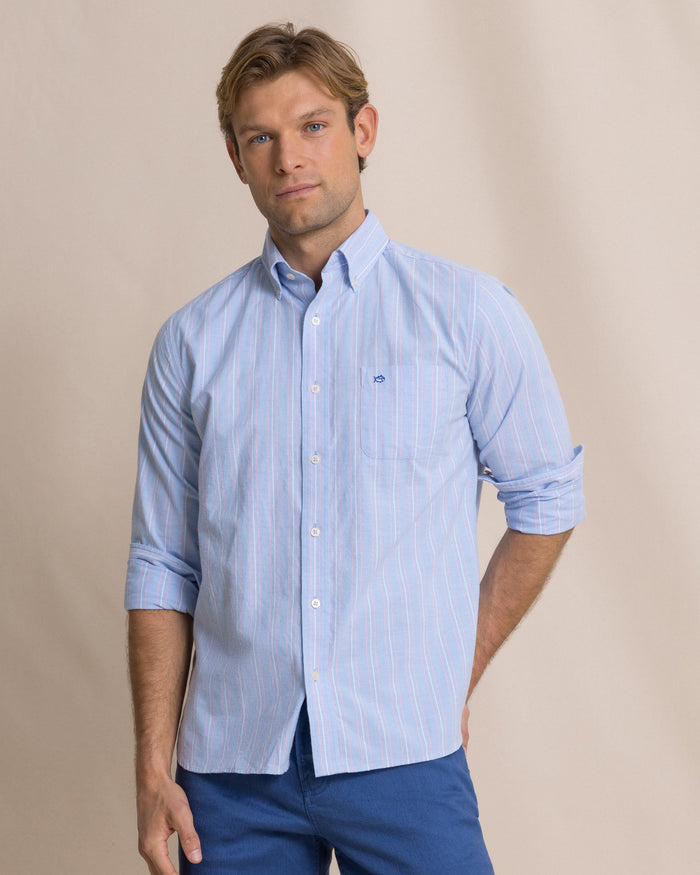 The front view of the Southern Tide Beachside Charleston Oxford Stripe Sport Shirt by Southern Tide - Ocean Channel