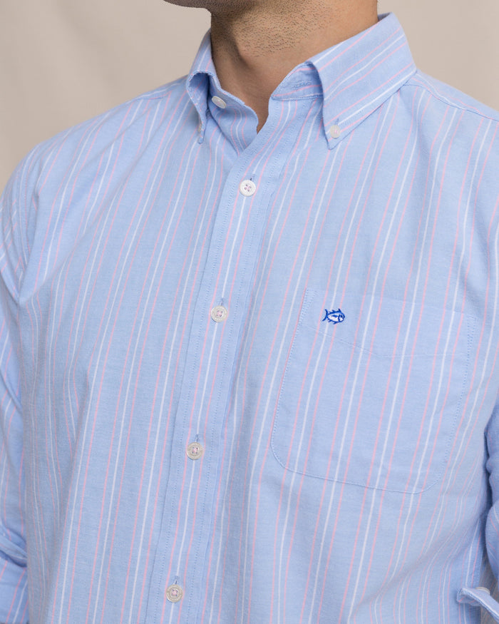 The detail view of the Southern Tide Beachside Charleston Oxford Stripe Sport Shirt by Southern Tide - Ocean Channel