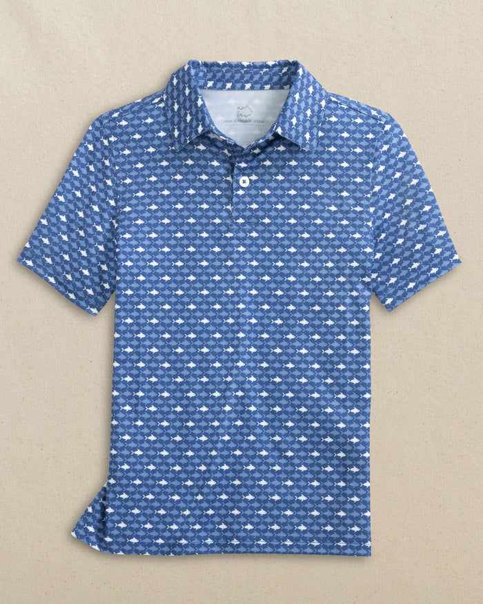 The front view of the Southern Tide Boys Driver Fish Printed Performance Polo by Southern Tide - Ocean Channel