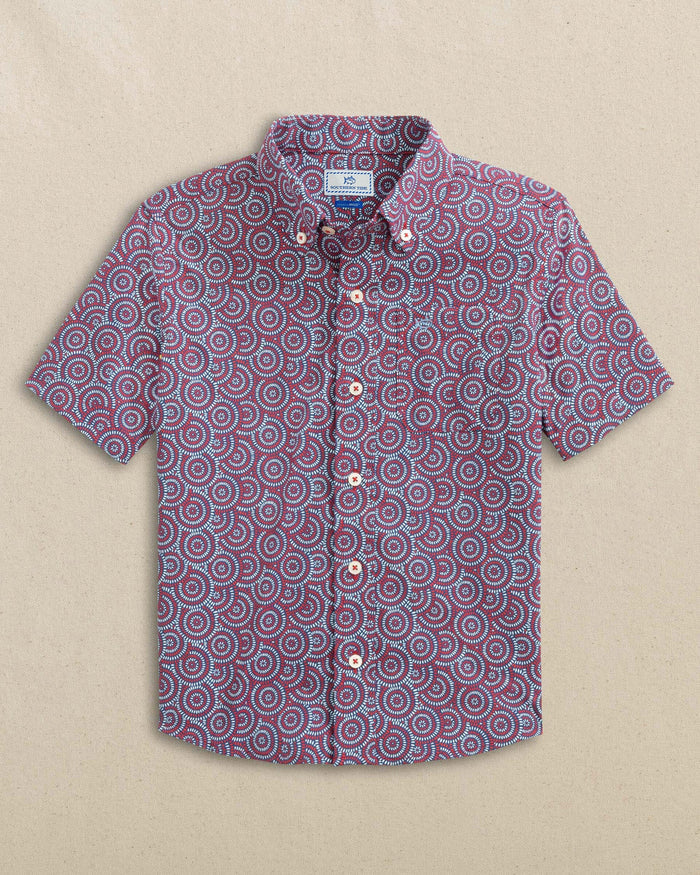 The front view of the Southern Tide Boys Fireworks Coastal Breeze® Short Sleeve Sport Shirt by Southern Tide - Channel Marker Red