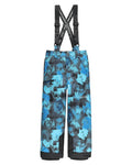 Blue and black camouflage pants with suspenders on a white background