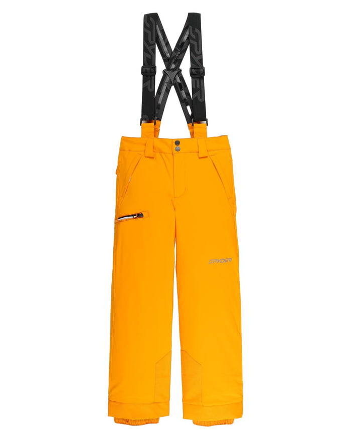 Orange ski pants with black suspenders on a white background