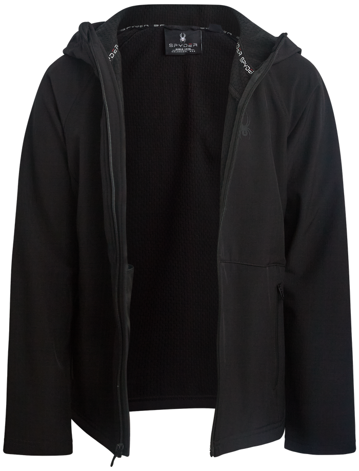 Black jacket with a brand label on a white background