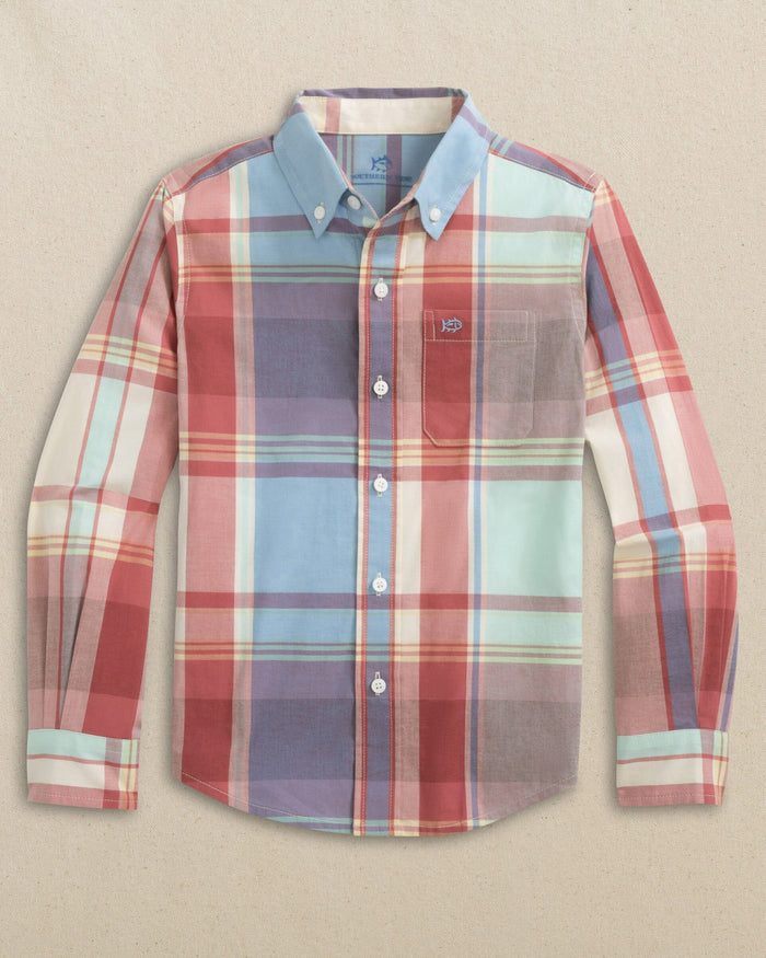 The front view of the Southern Tide Boys Surfside Madras Sport Shirt by Southern Tide - White Sand