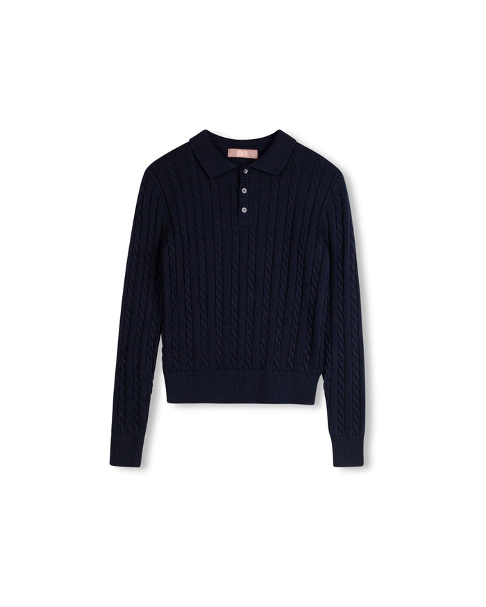Cable Knit Long Sleeve Polo - Junees