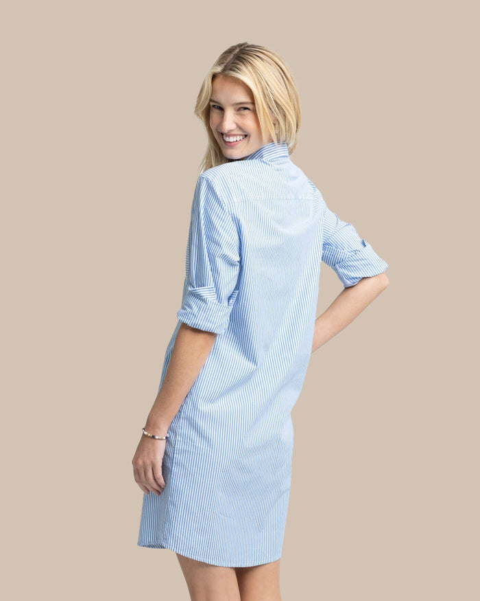 The back view of the Southern Tide Cam Stripe Poplin Dress by Southern Tide - Blue Fin