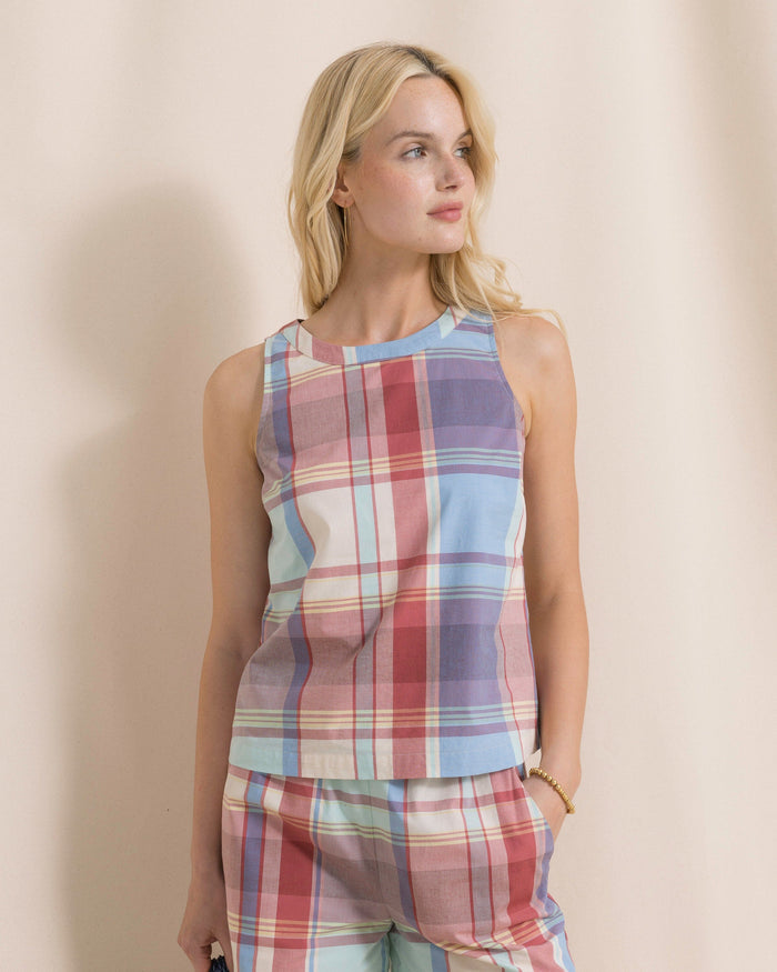 The side front view of the Southern Tide Carissa Madras Tank by Southern Tide - White Sand