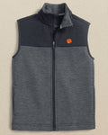 The front view of the Southern Tide Clemson Tigers Boys Waterfront Quilted Vest by Southern Tide - Caviar Black
