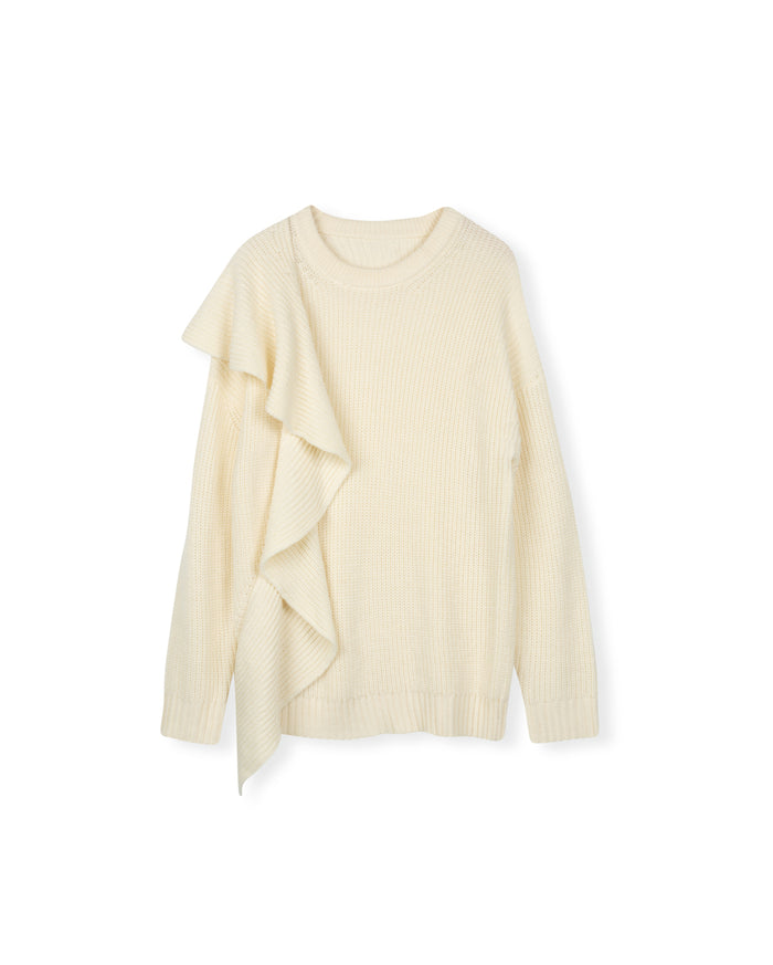 Crew Neck Side Ruffle Sweater - Junees