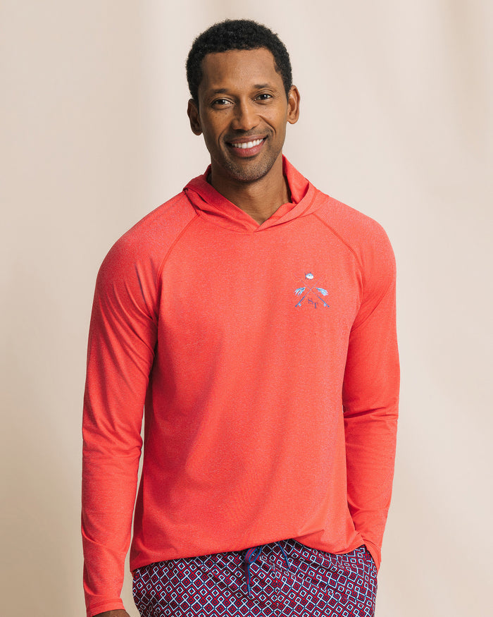 The front view of the Southern Tide Crossed Lines Coastal Breeze® Performance Hoodie by Southern Tide - Channel Marker Red