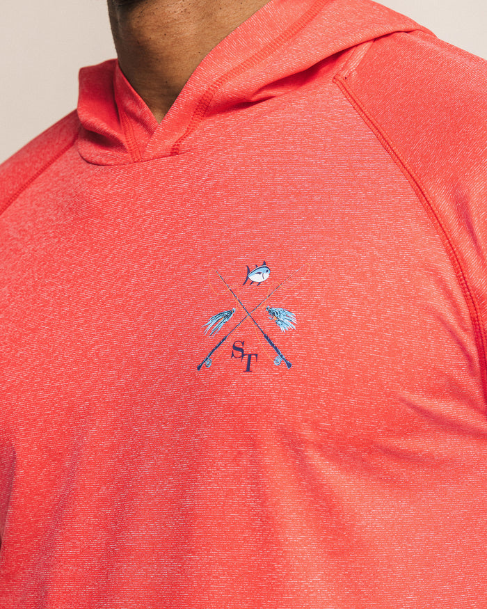 The detail view of the Southern Tide Crossed Lines Coastal Breeze® Performance Hoodie by Southern Tide - Channel Marker Red