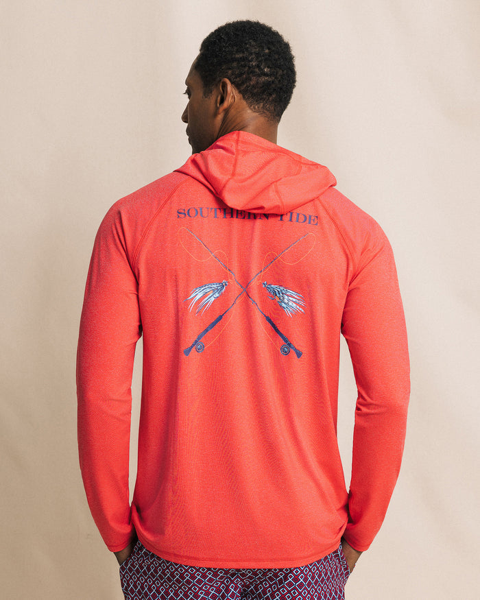 The back view of the Southern Tide Crossed Lines Coastal Breeze® Performance Hoodie by Southern Tide - Channel Marker Red