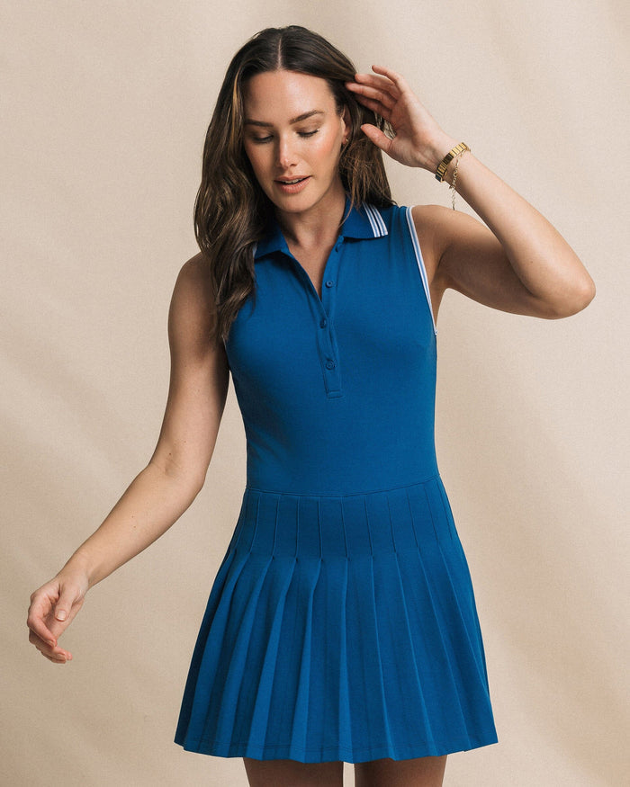 The front view of the Southern Tide Ella Sleeveless Pleated Tennis Dress by Southern Tide - Nautical Blue