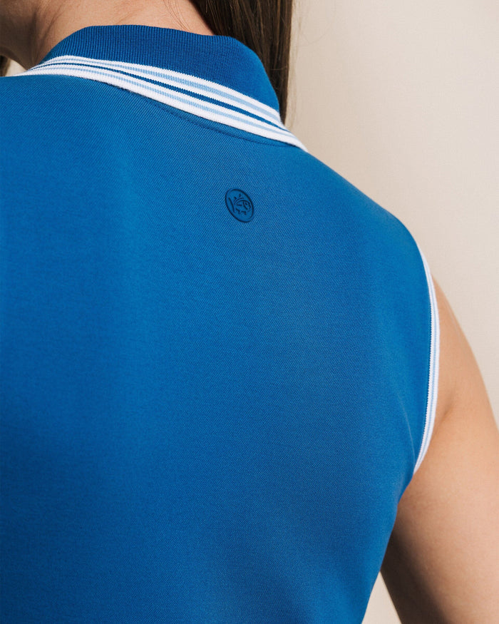 The detail view of the Southern Tide Ella Sleeveless Pleated Tennis Dress by Southern Tide - Nautical Blue