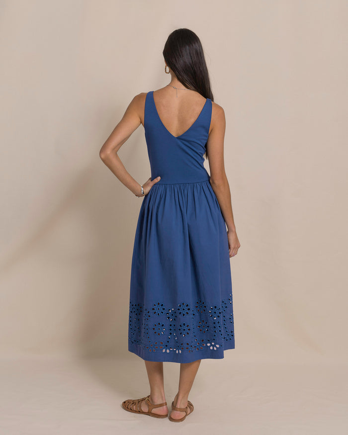 The back view of the Southern Tide Emilee Embroidered Solid Midi Dress by Southern Tide - Nautical Blue