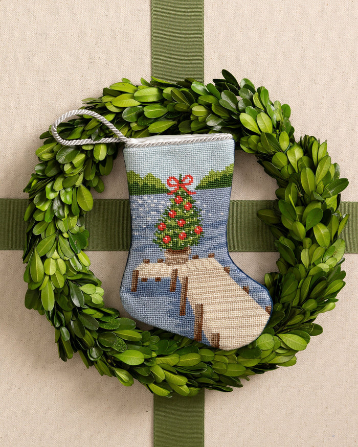 The front view of the Southern Tide Festive Fir Needlepoint Stocking by Southern Tide - Blue