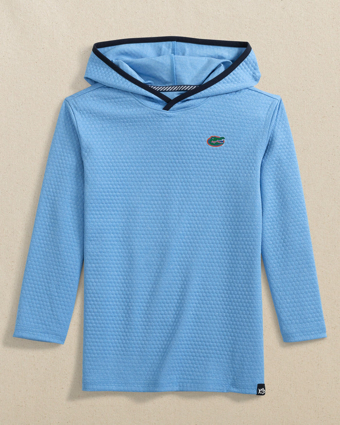 The front view of the Southern Tide Florida Gators Boys Scuttle Hoodie by Southern Tide - Heather Boat Blue
