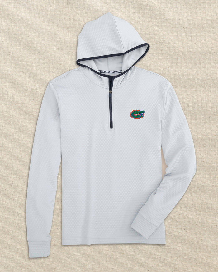The front view of the Southern Tide Florida Gators Scuttle Heather Quarter Zip Hoodie by Southern Tide - Heather Slate Grey