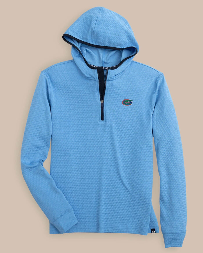 The front view of the Florida Gators Scuttle Heather Performance Quarter Zip Hoodie by Southern Tide - Heather Boat Blue