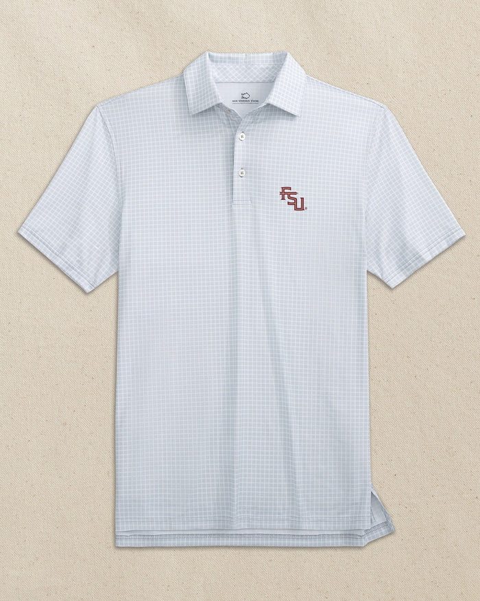 The front view of the Southern Tide FSU Seminoles Stacked Driver Dunes Edge Plaid Polo by Southern Tide - Slate Grey