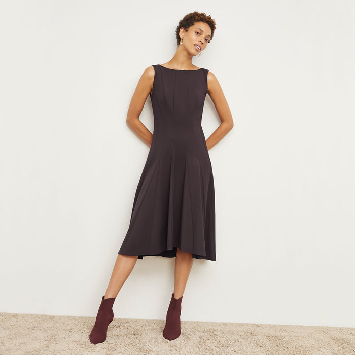Front image of a woman standing wearing the Gabriella Dress in Haze