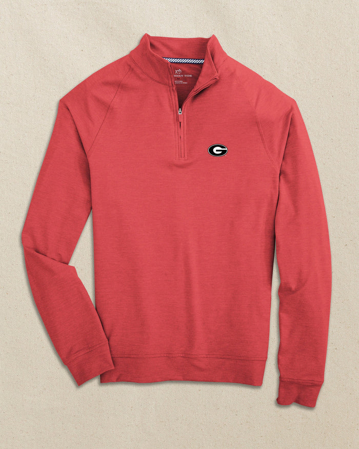 The front view of the Southern Tide Georgia Bulldogs Oval G Cruiser Quarter Zip by Southern Tide - Heather Varsity Red