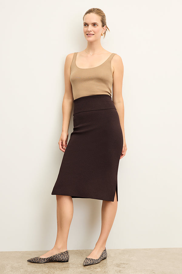 front image of a woman wearing the Harlem Skirt in Chocolate | Exclude | Grid Hover