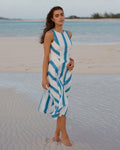The lifestyle view of the Southern Tide Hayden Stripe Mix Midi Dress by Southern Tide - Classic White