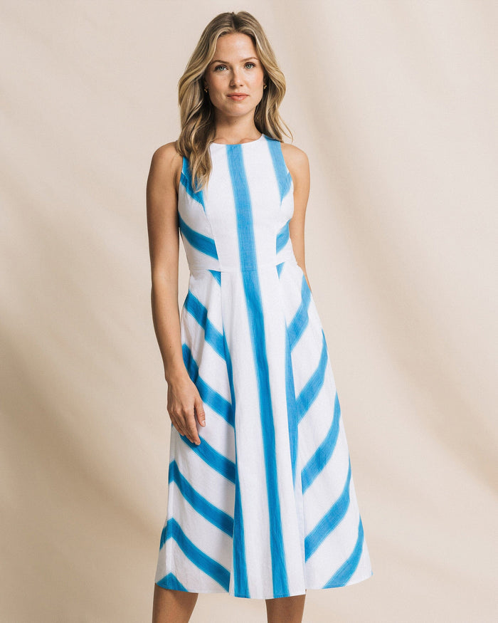 The front view of the Southern Tide Hayden Stripe Mix Midi Dress by Southern Tide - Classic White