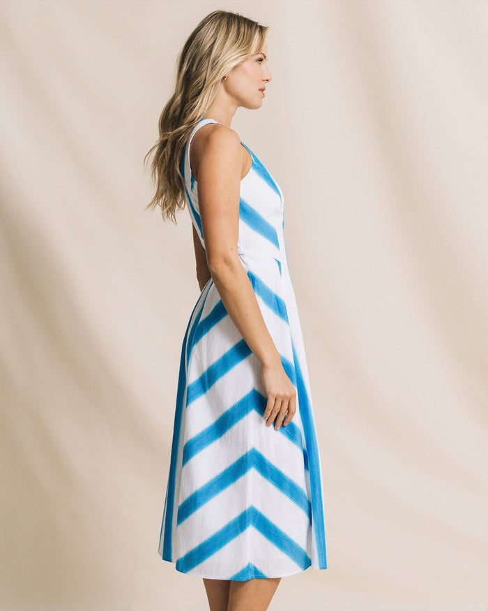 The side view of the Southern Tide Hayden Stripe Mix Midi Dress by Southern Tide - Classic White