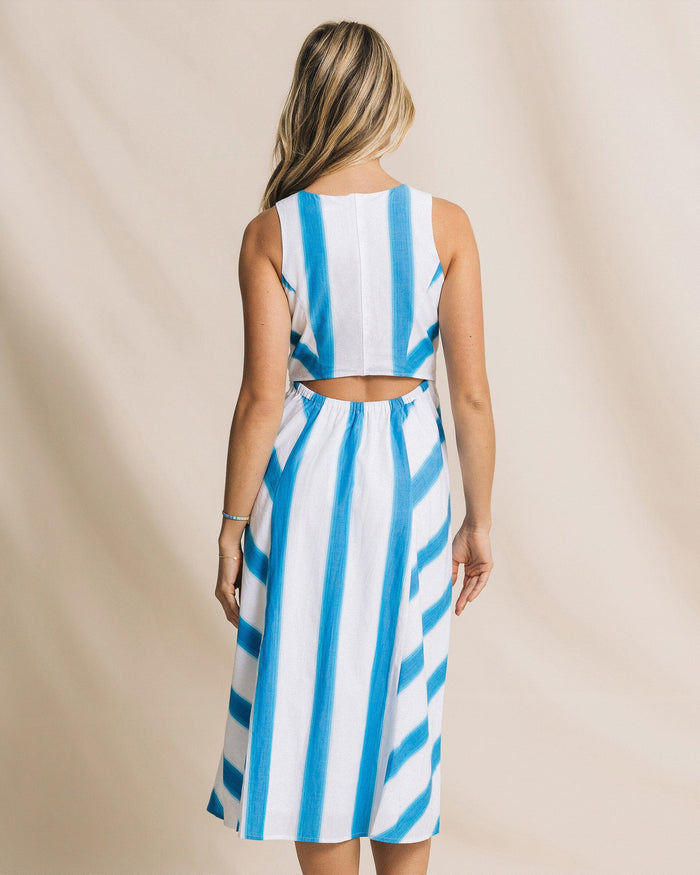 The back view of the Southern Tide Hayden Stripe Mix Midi Dress by Southern Tide - Classic White