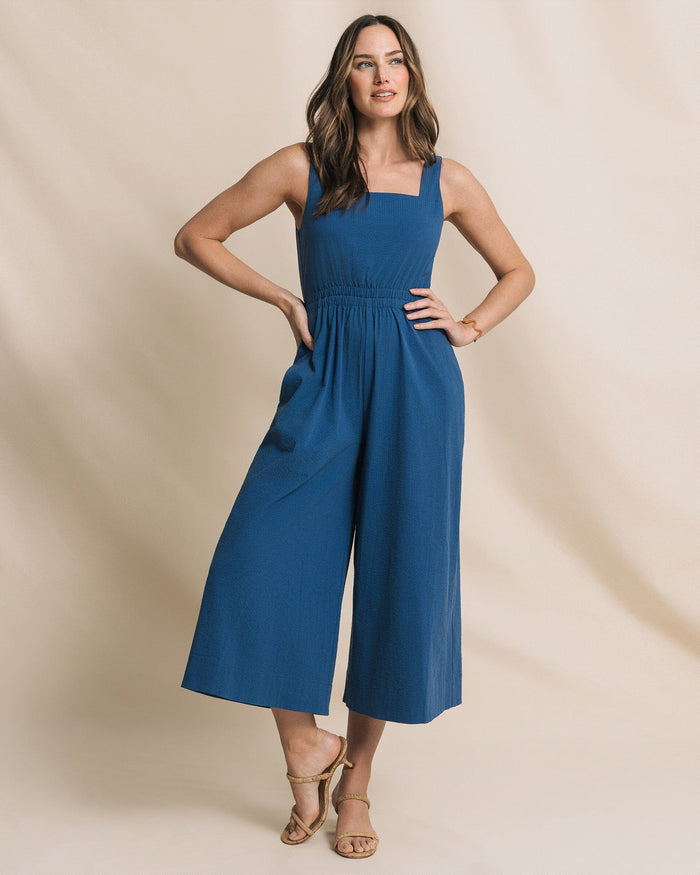 The front view of the Southern Tide Jill Seersucker Jumpsuit by Southern Tide - Nautical Blue