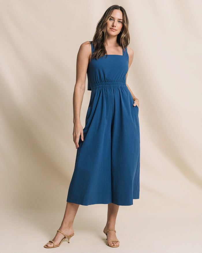 The front view of the Southern Tide Jill Seersucker Jumpsuit by Southern Tide - Nautical Blue
