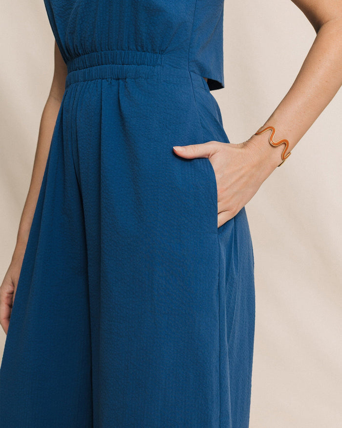 The detail view of the Southern Tide Jill Seersucker Jumpsuit by Southern Tide - Nautical Blue