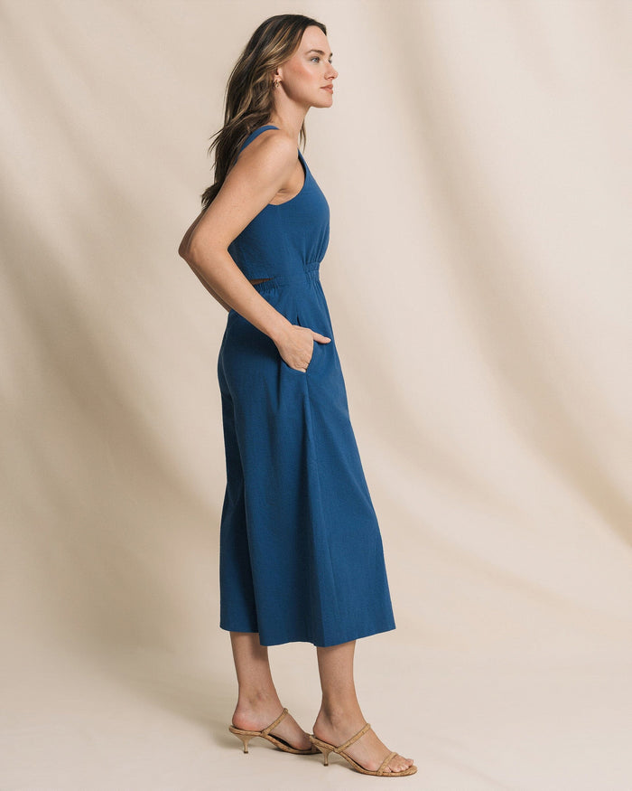 The side view of the Southern Tide Jill Seersucker Jumpsuit by Southern Tide - Nautical Blue
