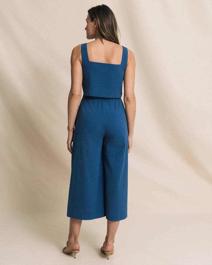 The back view of the Southern Tide Jill Seersucker Jumpsuit by Southern Tide - Nautical Blue