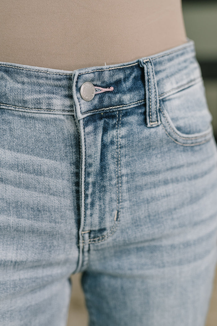 Judy Blue Mckaylee Mid Rise Kick Flare Jeans with Frayed Hem