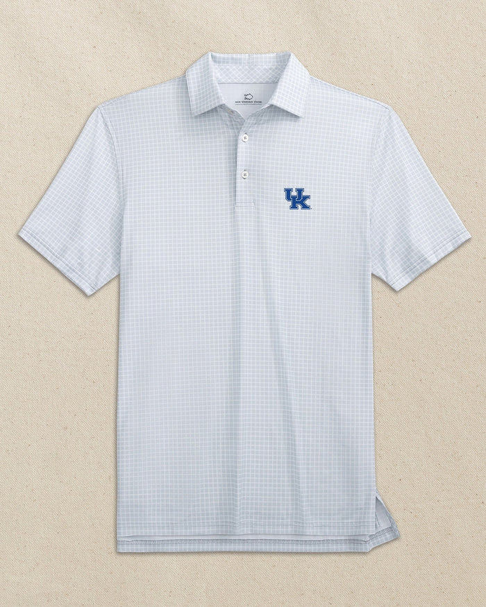 The front view of the Southern Tide Kentucky Wildcats Driver Dunes Edge Plaid Polo by Southern Tide - Slate Grey