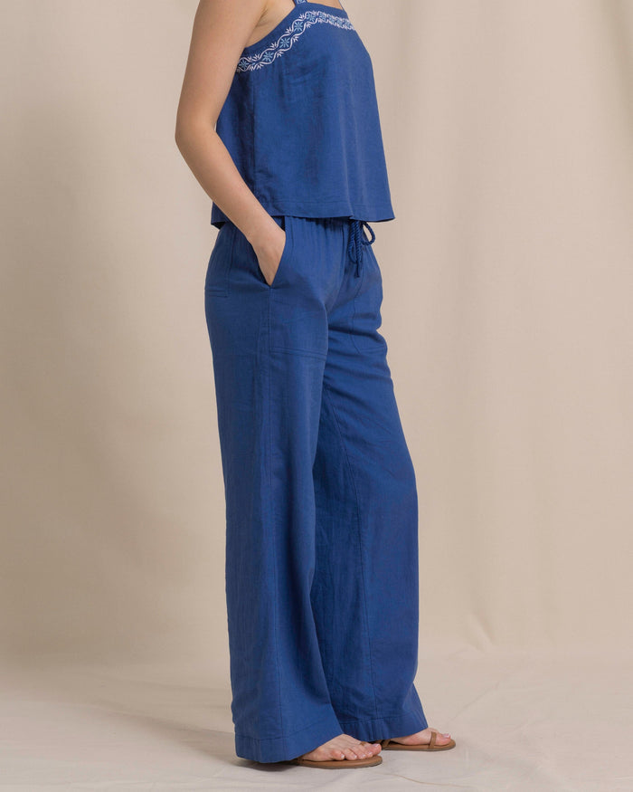 The side view of the Southern Tide Laken Wide Leg Pant in Nautical Blue by Southern Tide - Nautical Blue