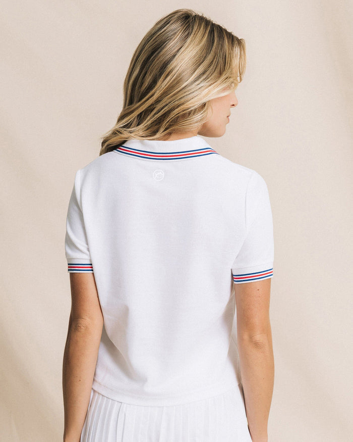 The back view of the Southern Tide Laura Boxy Polo Shirt by Southern Tide - Classic White
