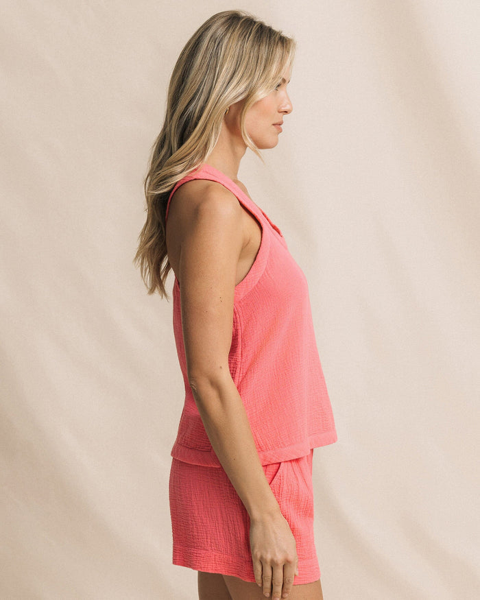 The side view of the Southern Tide Leila Double Cloth Garment Dye Solid Tank by Southern Tide - Island Pink