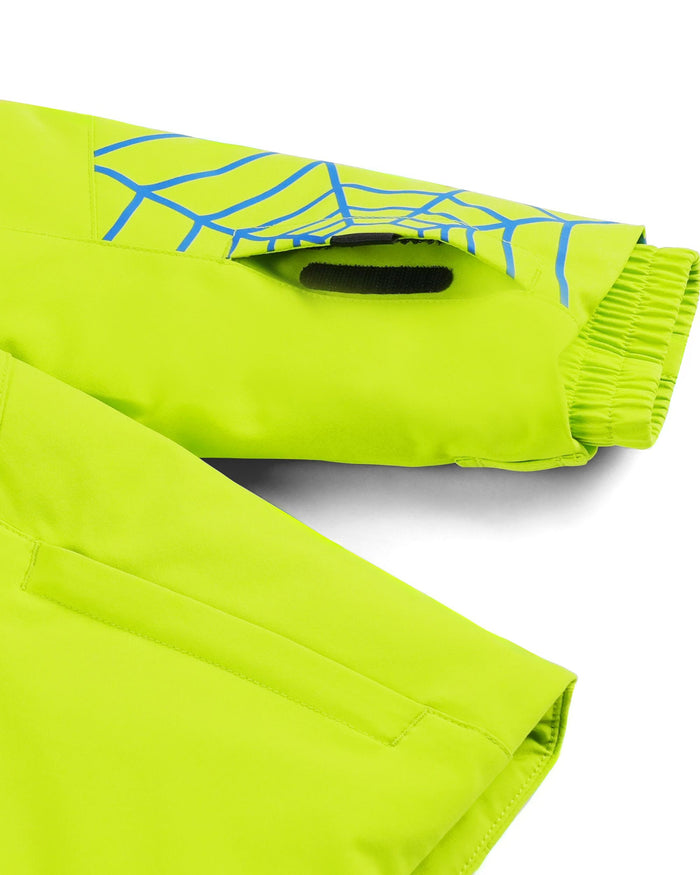 Green jacket with blue spider web design on a white background