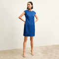 Front image of a woman wearing the maaza dress in sapphire | Lead
