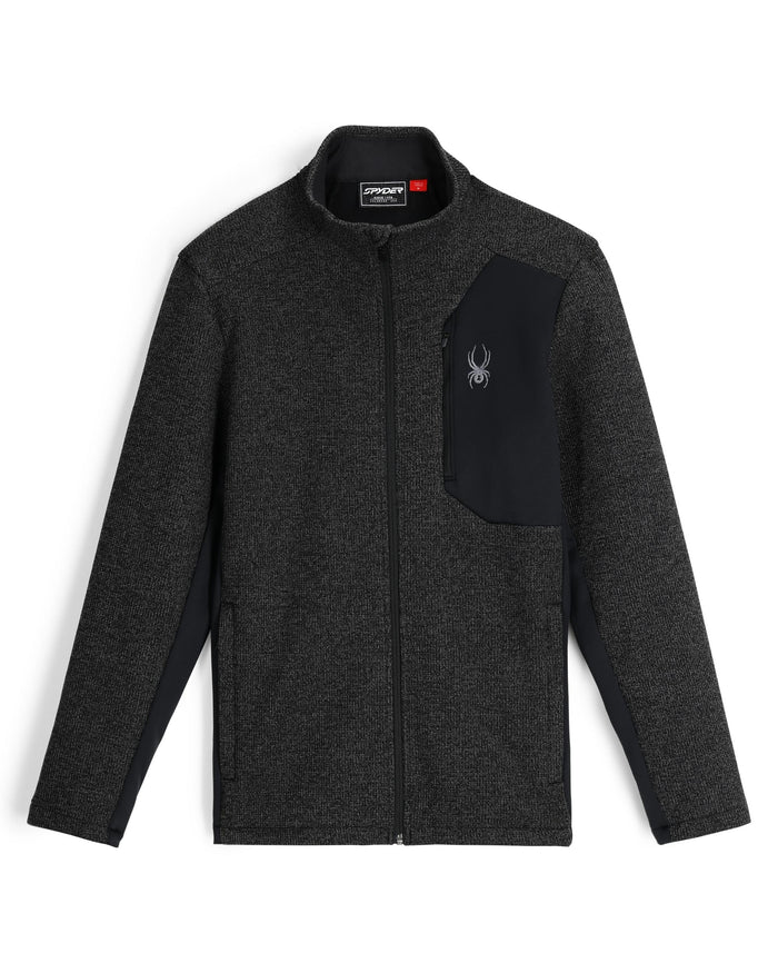 Dark gray jacket with a black pocket and visible brand logo on a white background