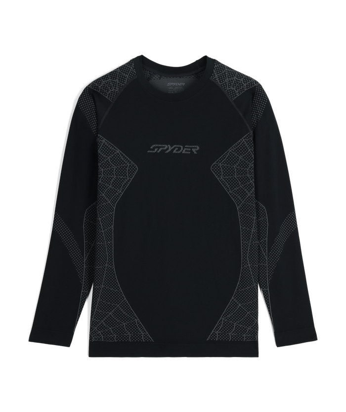 Black long-sleeve compression shirt with geometric patterns on a white background
